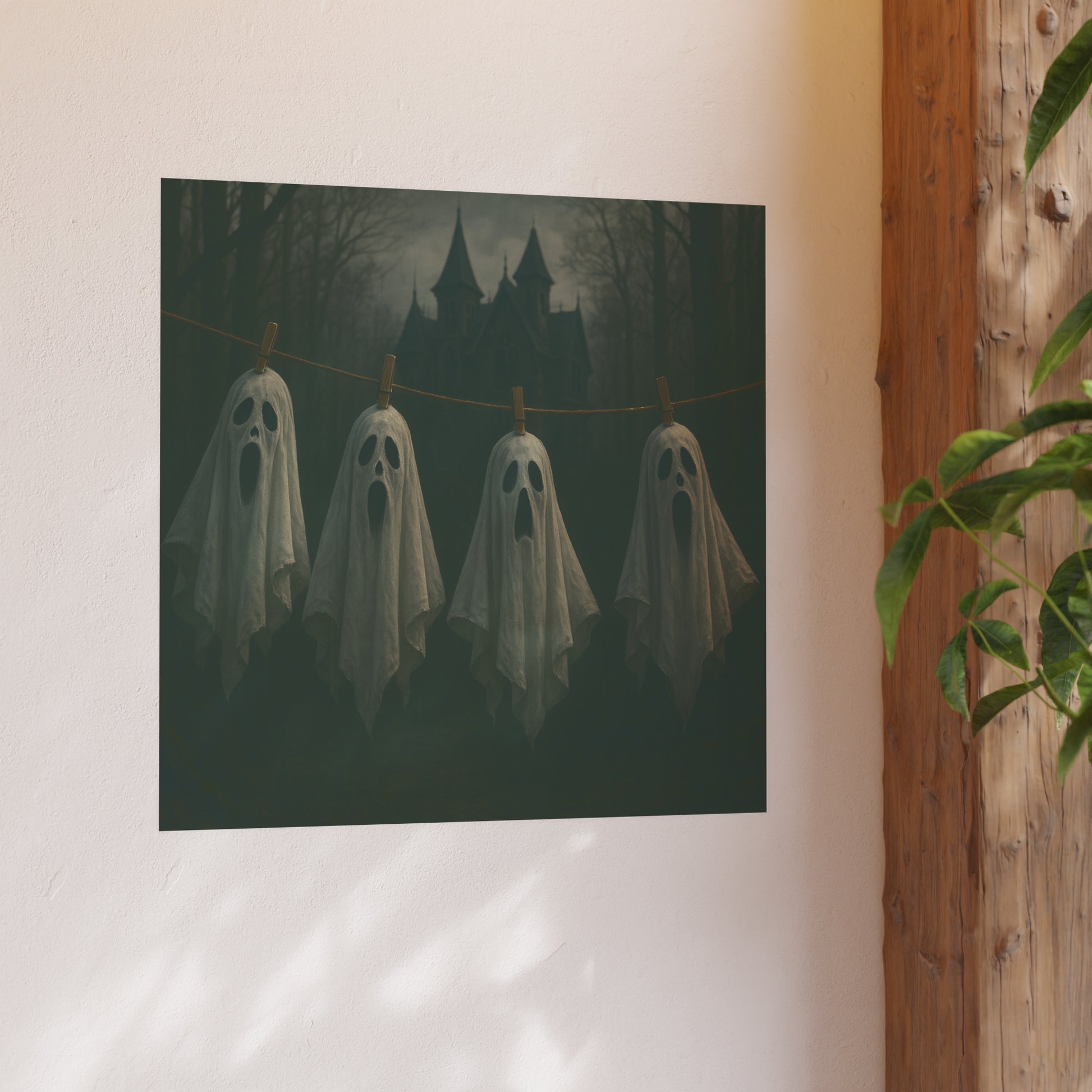 Halloween-themed poster with ghost silhouettes on a wall.