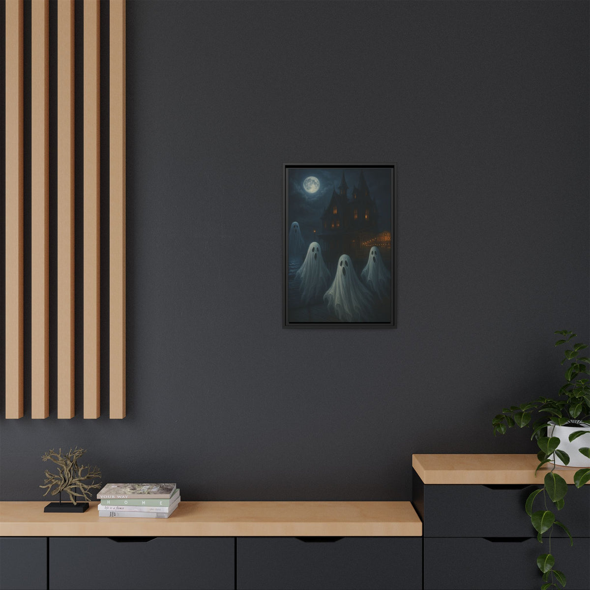 Haunted House Ghost Canvas Wall Art – Spooky Halloween Framed Art, Vintage Horror Decor, Gothic Night Scene Print