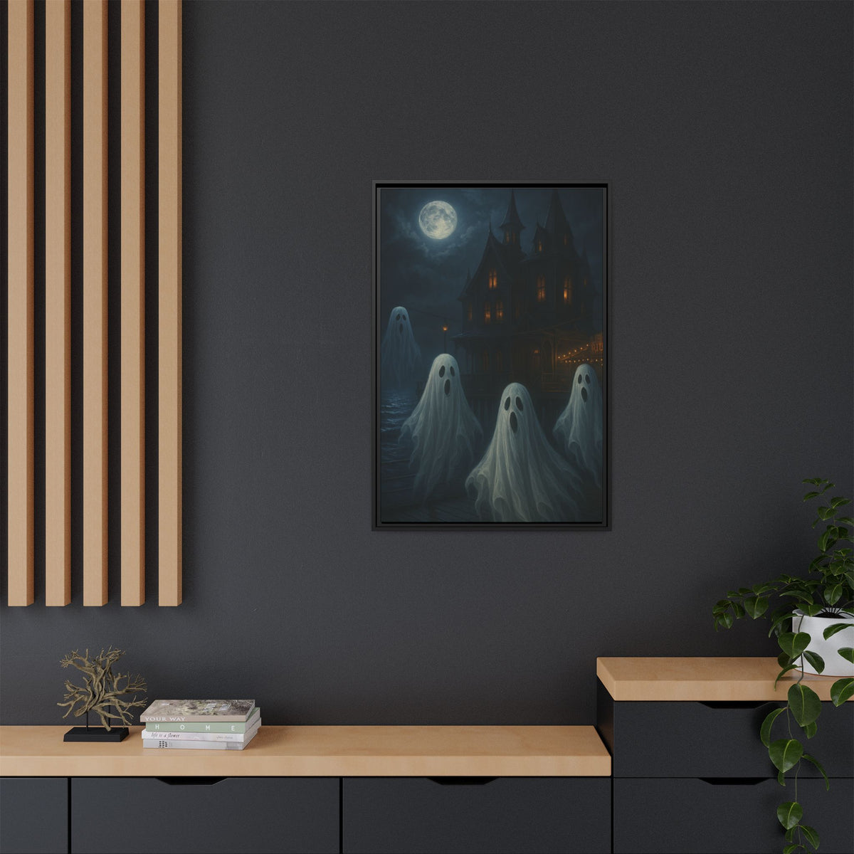 Haunted House Ghost Canvas Wall Art – Spooky Halloween Framed Art, Vintage Horror Decor, Gothic Night Scene Print
