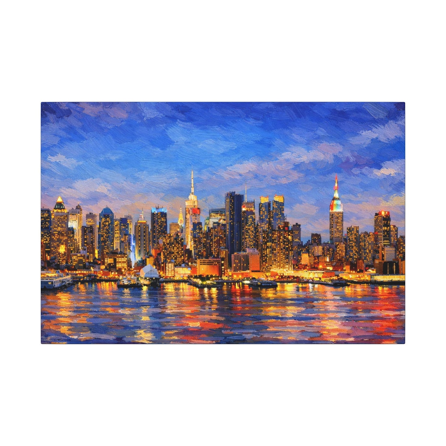New York City Skyline Canvas Wall Art – Night Waterfront Impasto Cityscape Painting