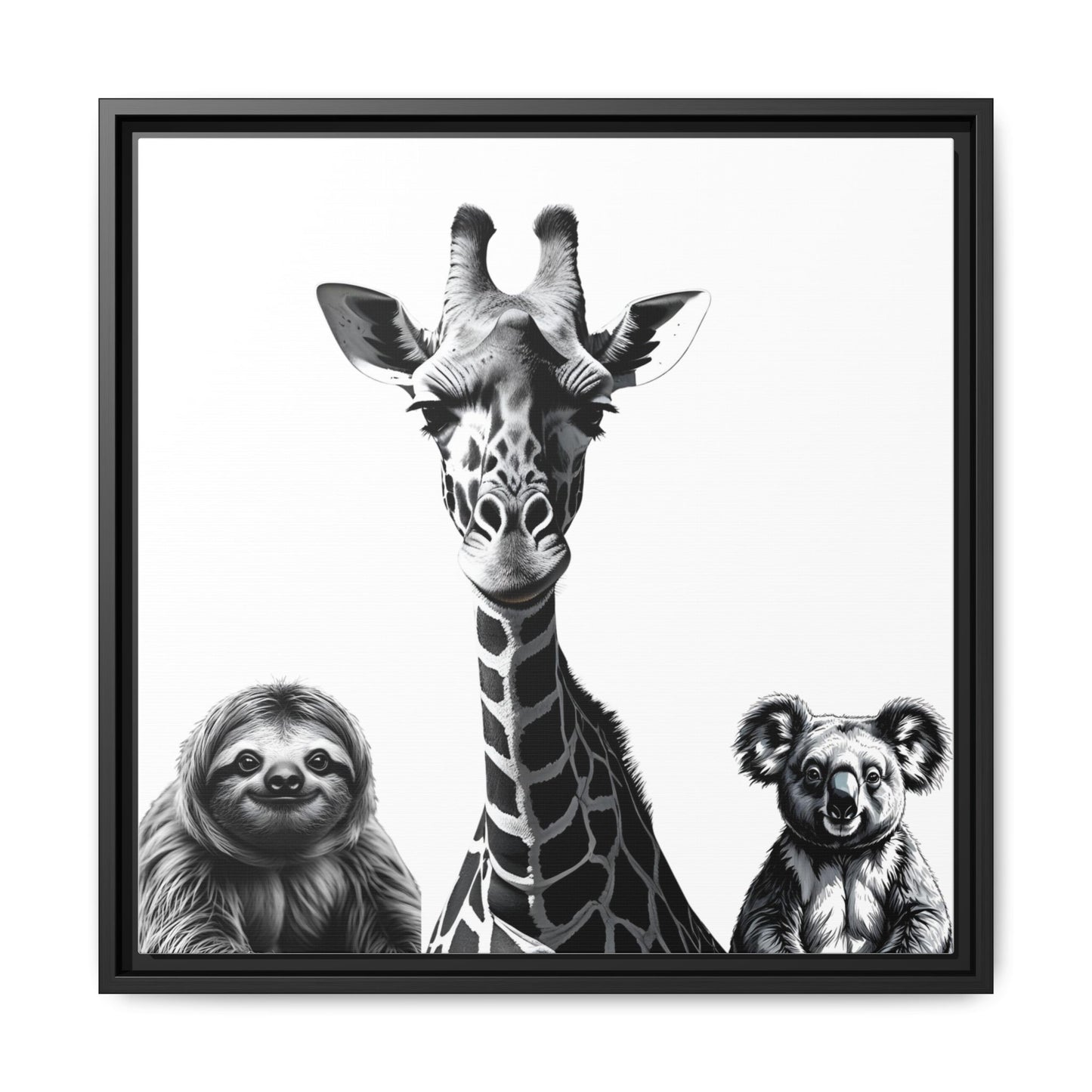 framed playful animal giraffe, sloth, koala print