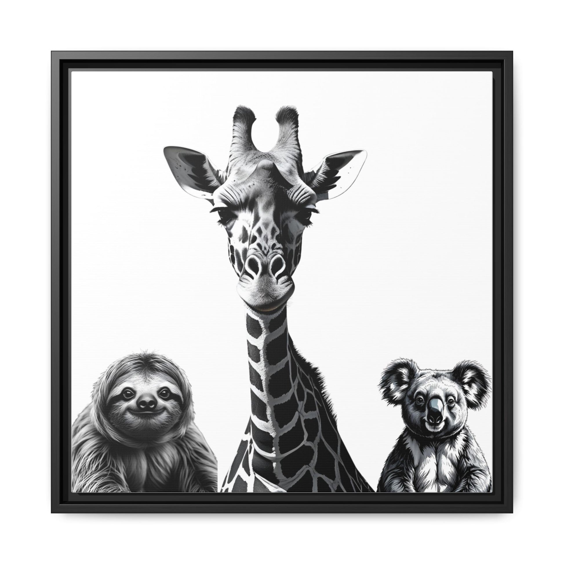 framed playful animal giraffe, sloth, koala print