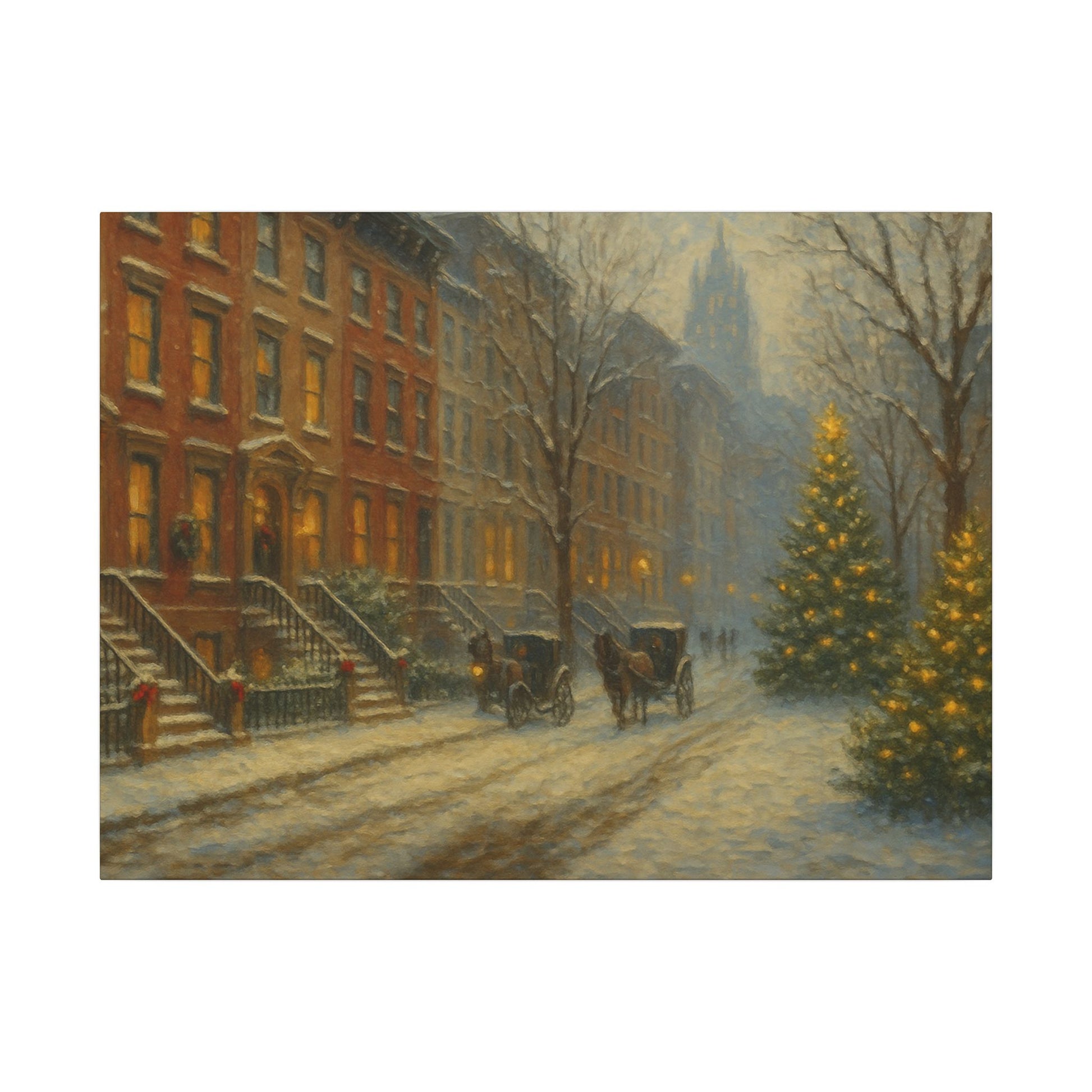 Painting of a snowy street scene with horse-drawn carriages and a Christmas tree.