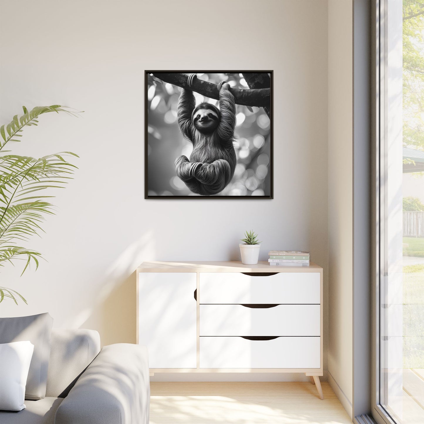 Black and White Sloth Framed Canvas Wall Art, Minimalist Animal Print, Modern Jungle Wildlife Home Decor, Sloth Lover Gift, Monochrome Image