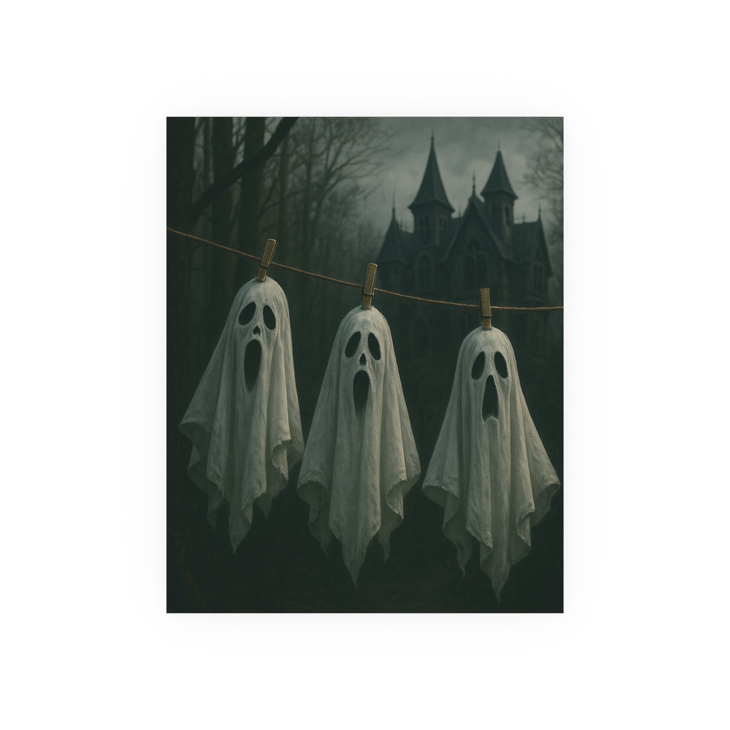 Three ghostly figures hanging on a line with a spooky castle in the background