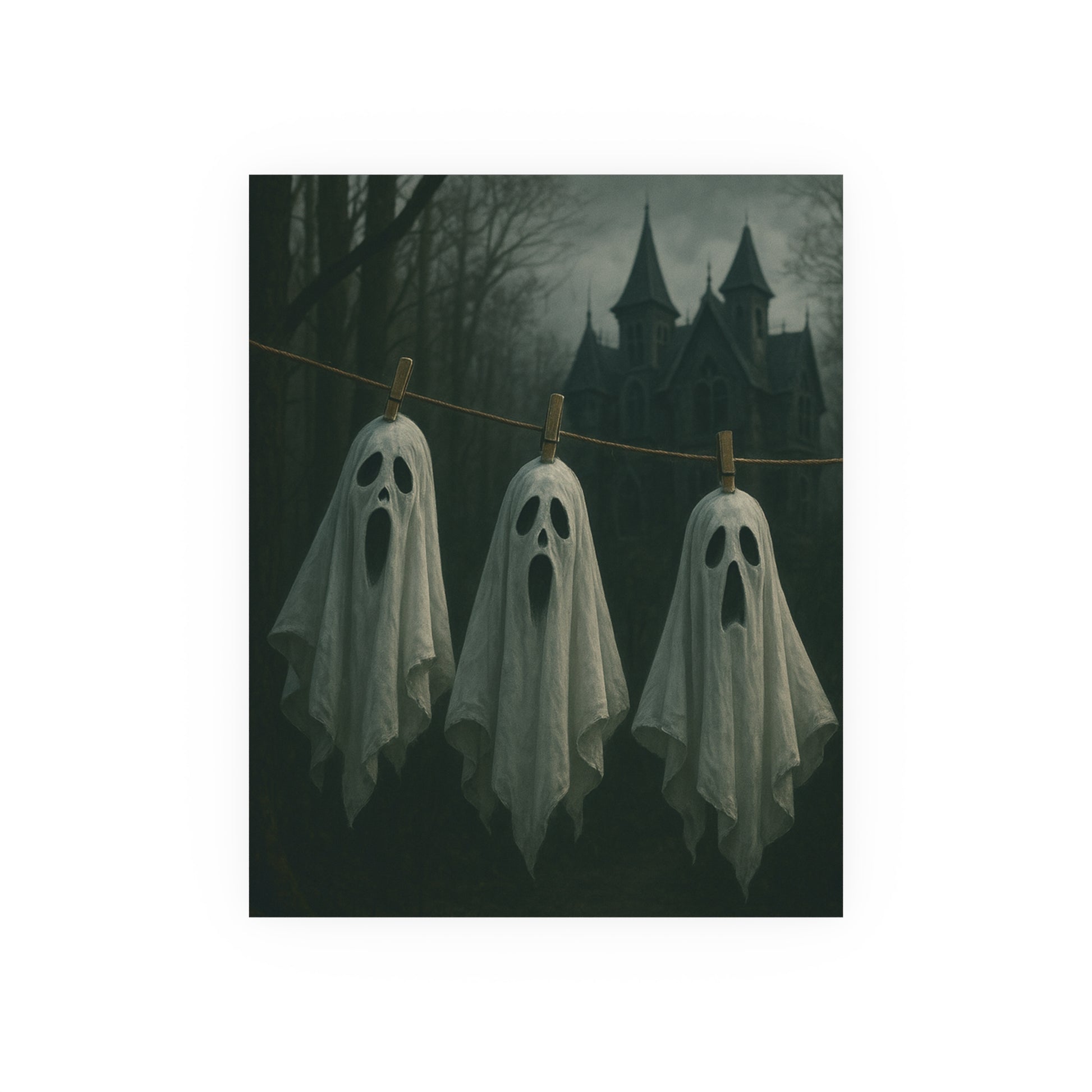 Three ghostly figures hanging on a line with a spooky castle in the background