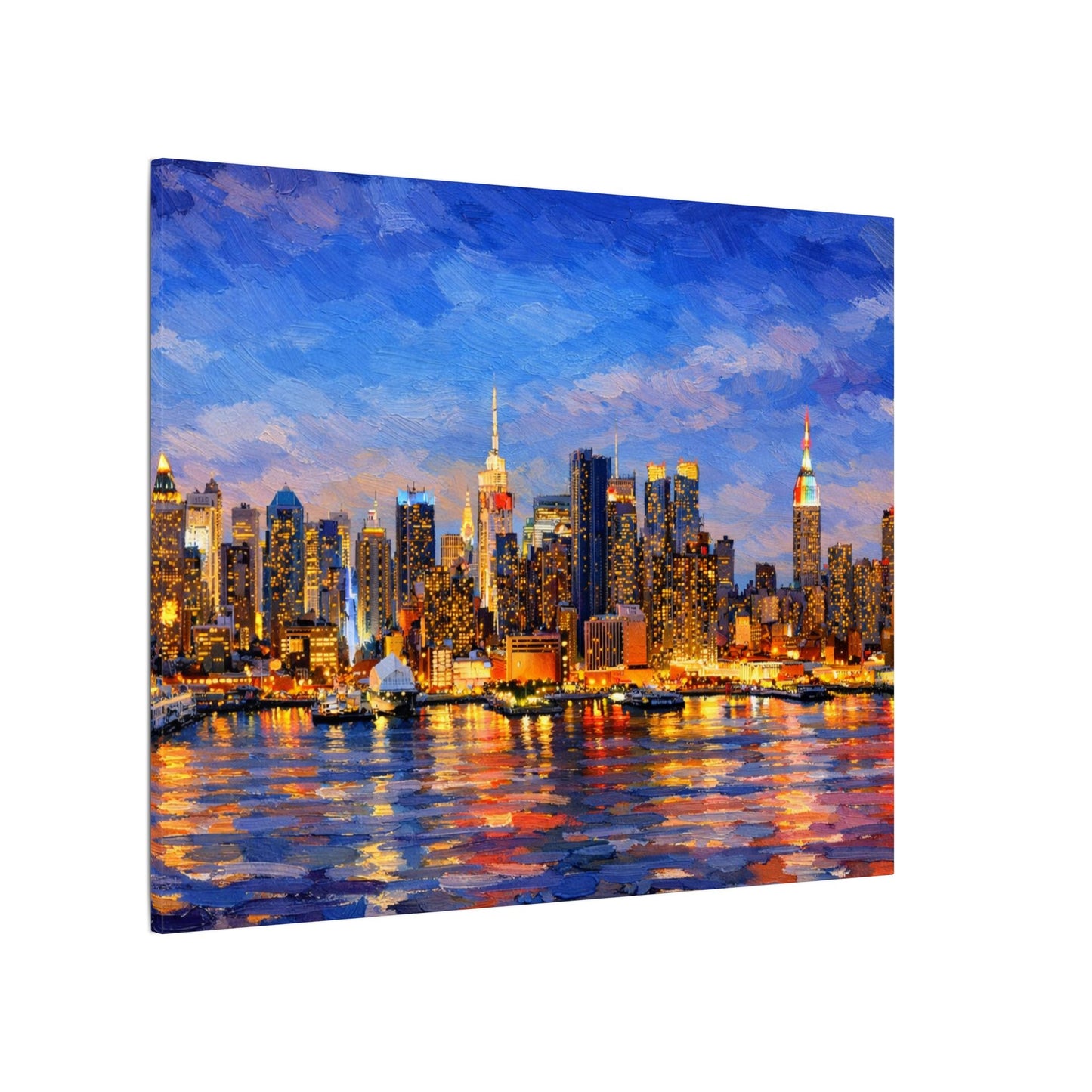New York City Skyline Canvas Wall Art – Night Waterfront Impasto Cityscape Painting
