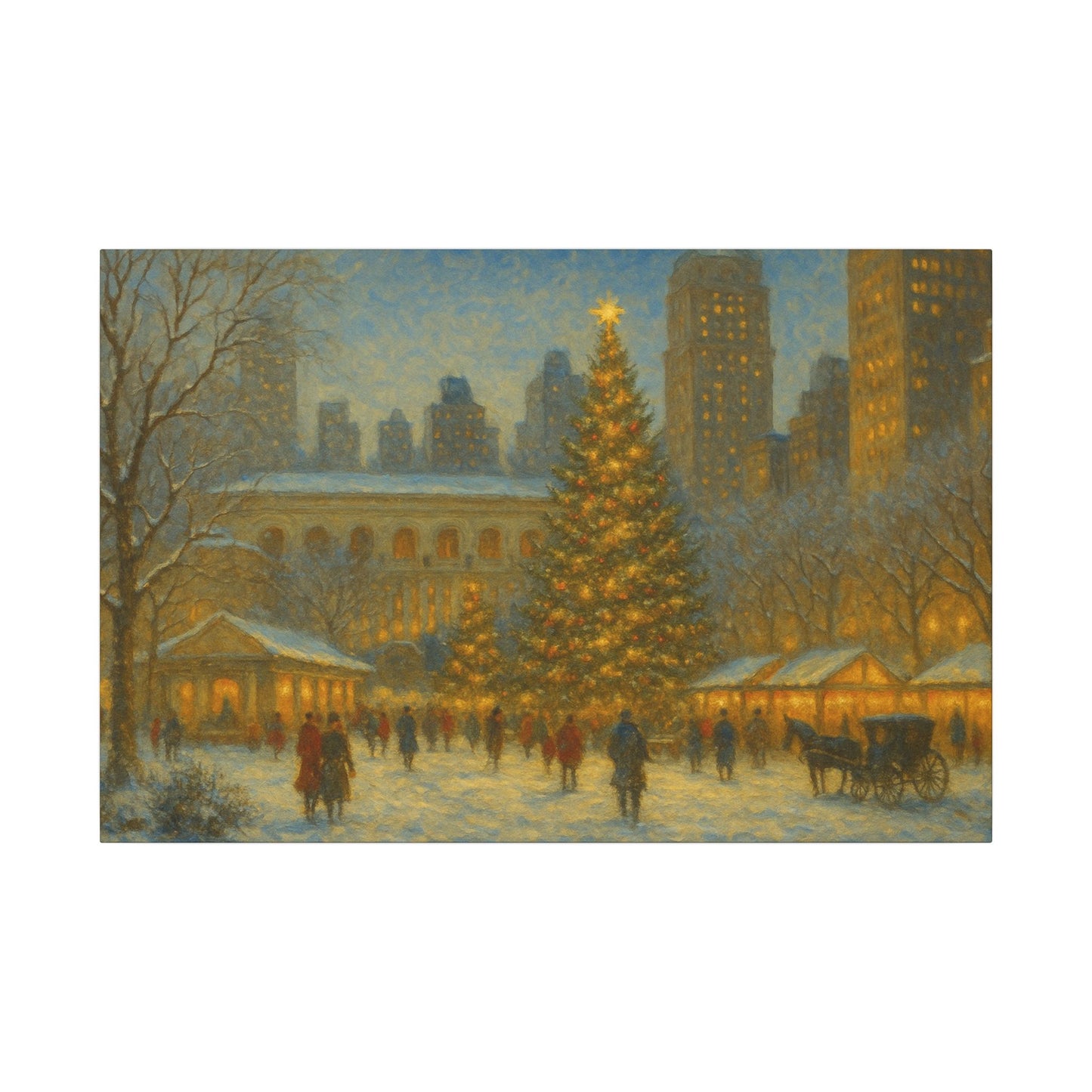 Winter scene with a large decorated Christmas tree in an urban setting.