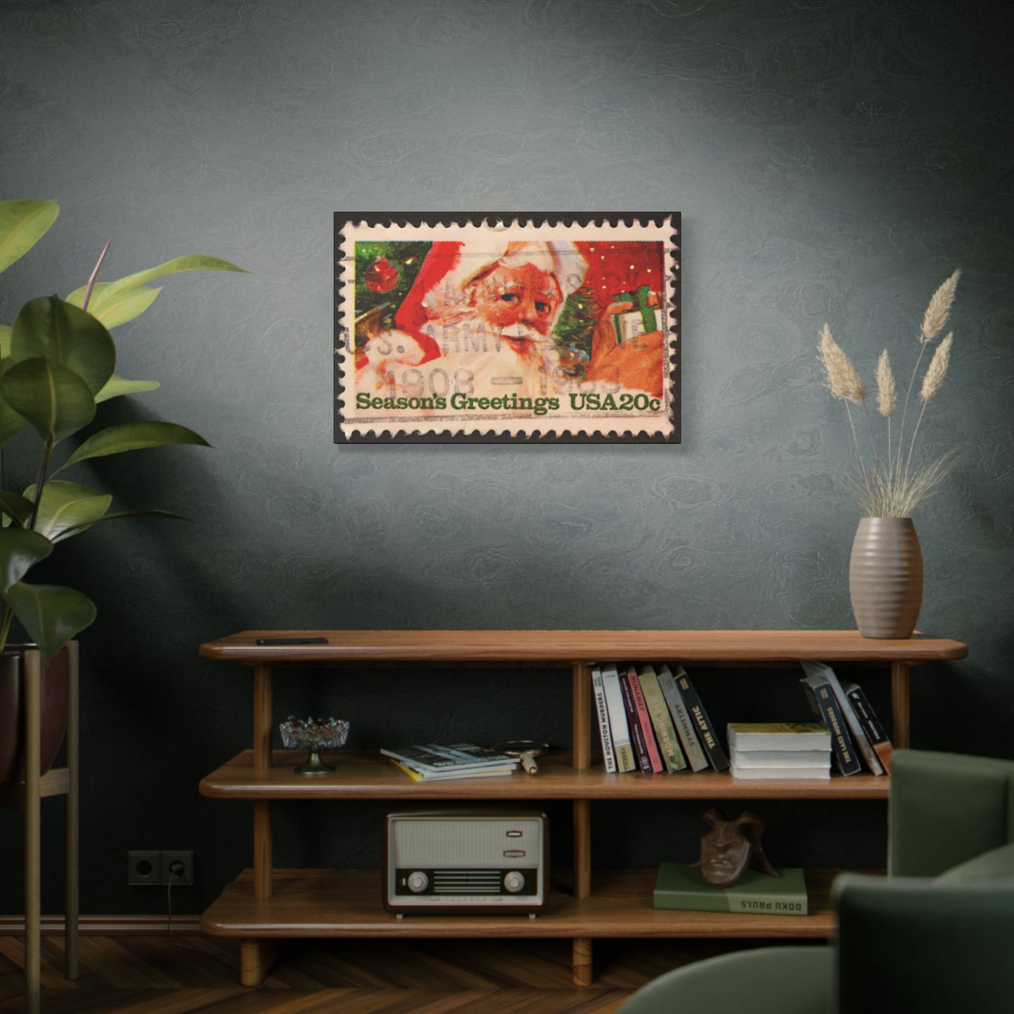 Vintage Santa Claus Stamp Wall Art US Army Postmark | Christmas Decor Mantle Art