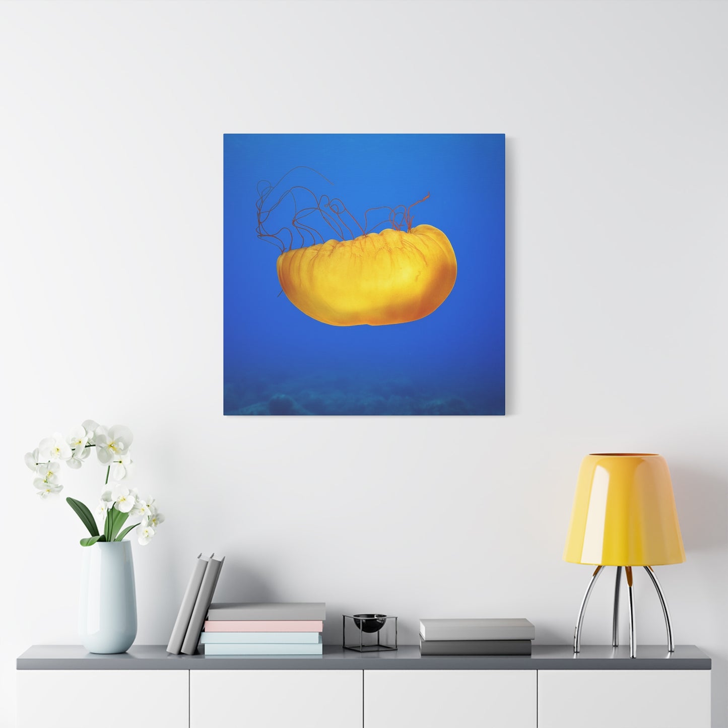 Golden Jellyfish Canvas Wall Art | Ocean Photography Print | Coastal Home Decor | Marine Life Artwork | Blue Sea Jellyfish Poster 1.25"