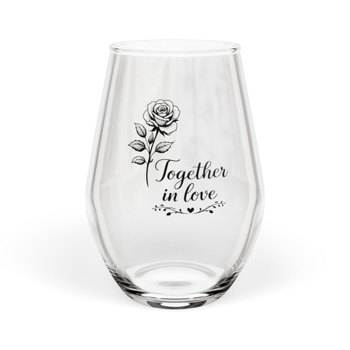 Clear glass wine glass with a rose and 'Together in Love' text on a white background