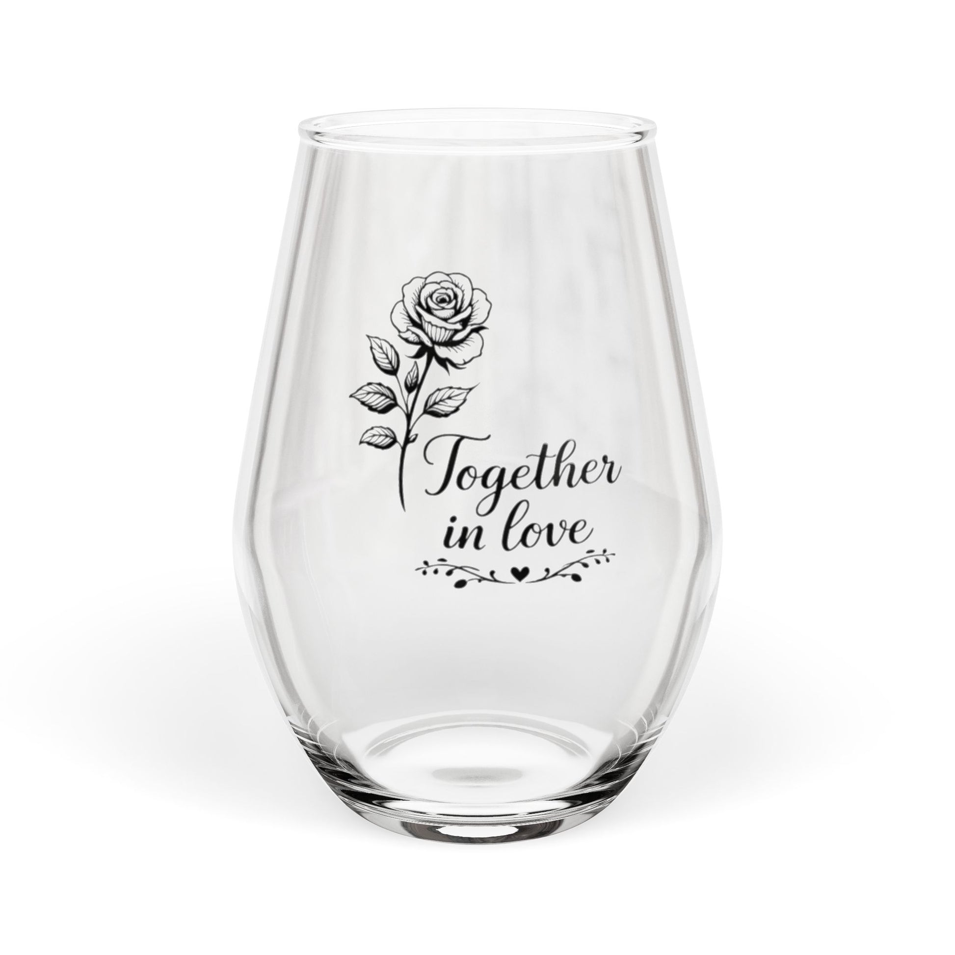 Clear glass wine glass with a rose and 'Together in Love' text on a white background