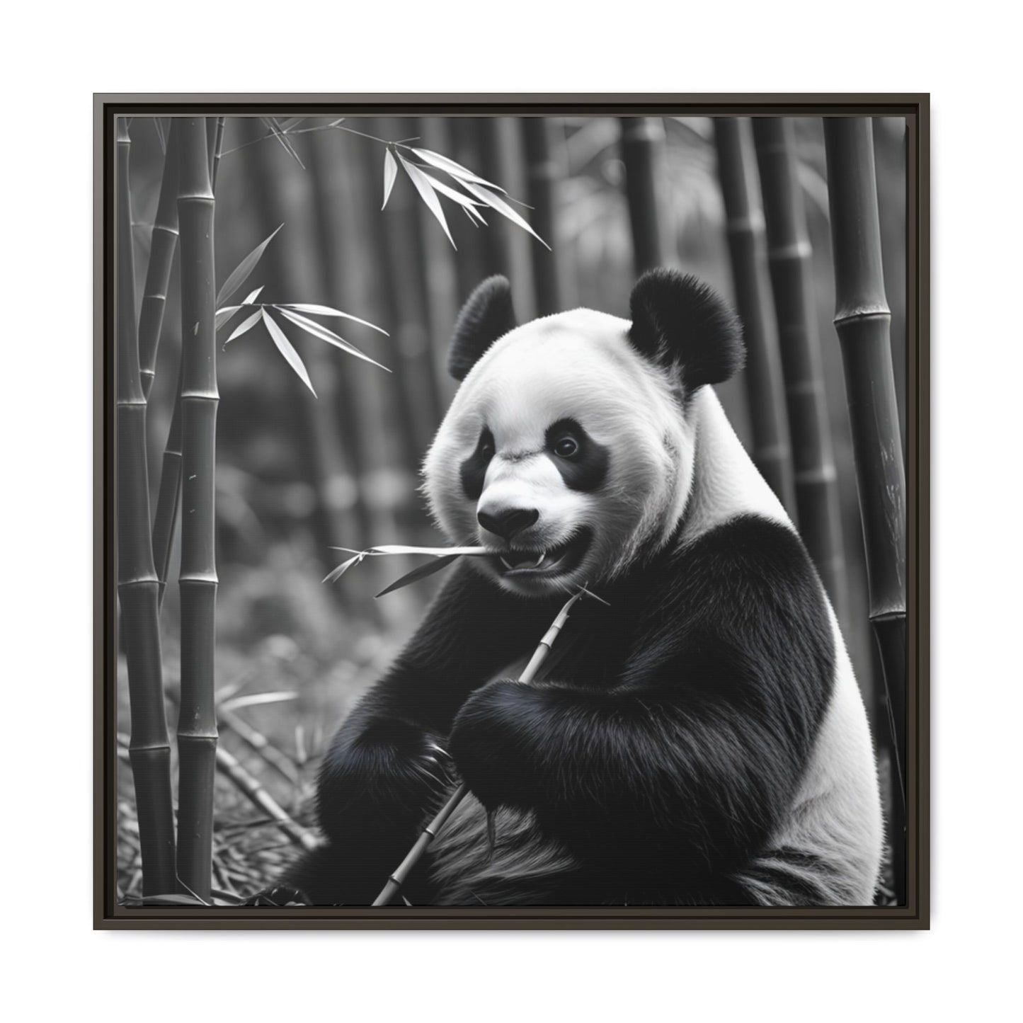 Black and white panda eating bamboo with a bamboo forest background