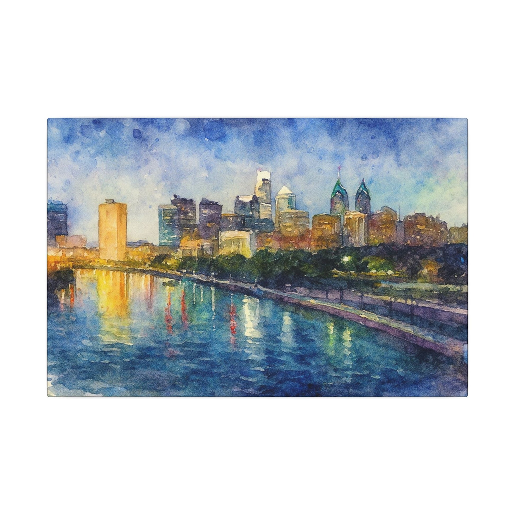 City skyline reflected in water with a blue sky