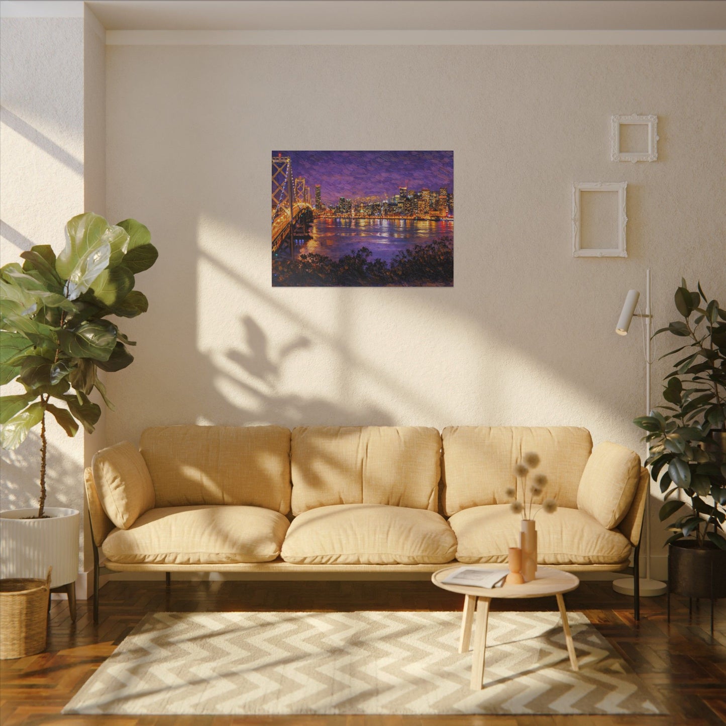 San Francisco Skyline Canvas Wall Art, Bay Bridge Night Painting, Impasto Style Artwork