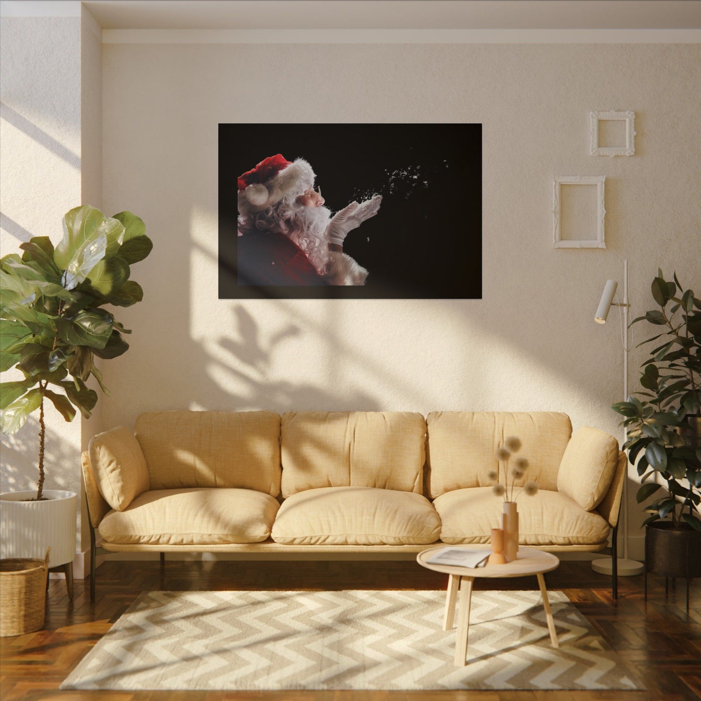 Living room with beige sofa, coffee table, and decorative plants.