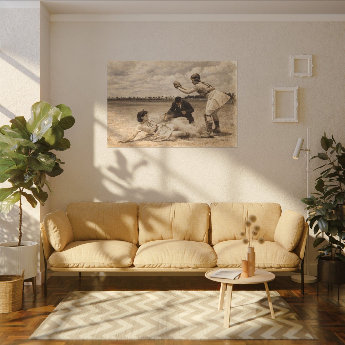 Living room with beige sofa, coffee table, and decorative elements.