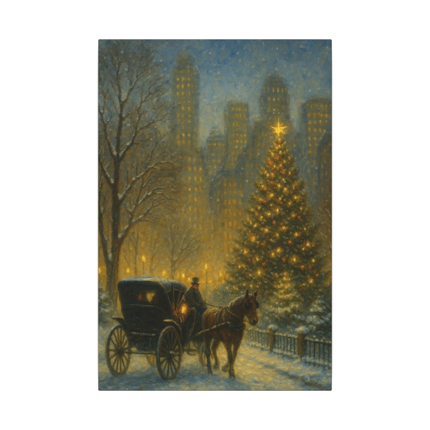 Vintage carriage with horse near a Christmas tree in an urban setting