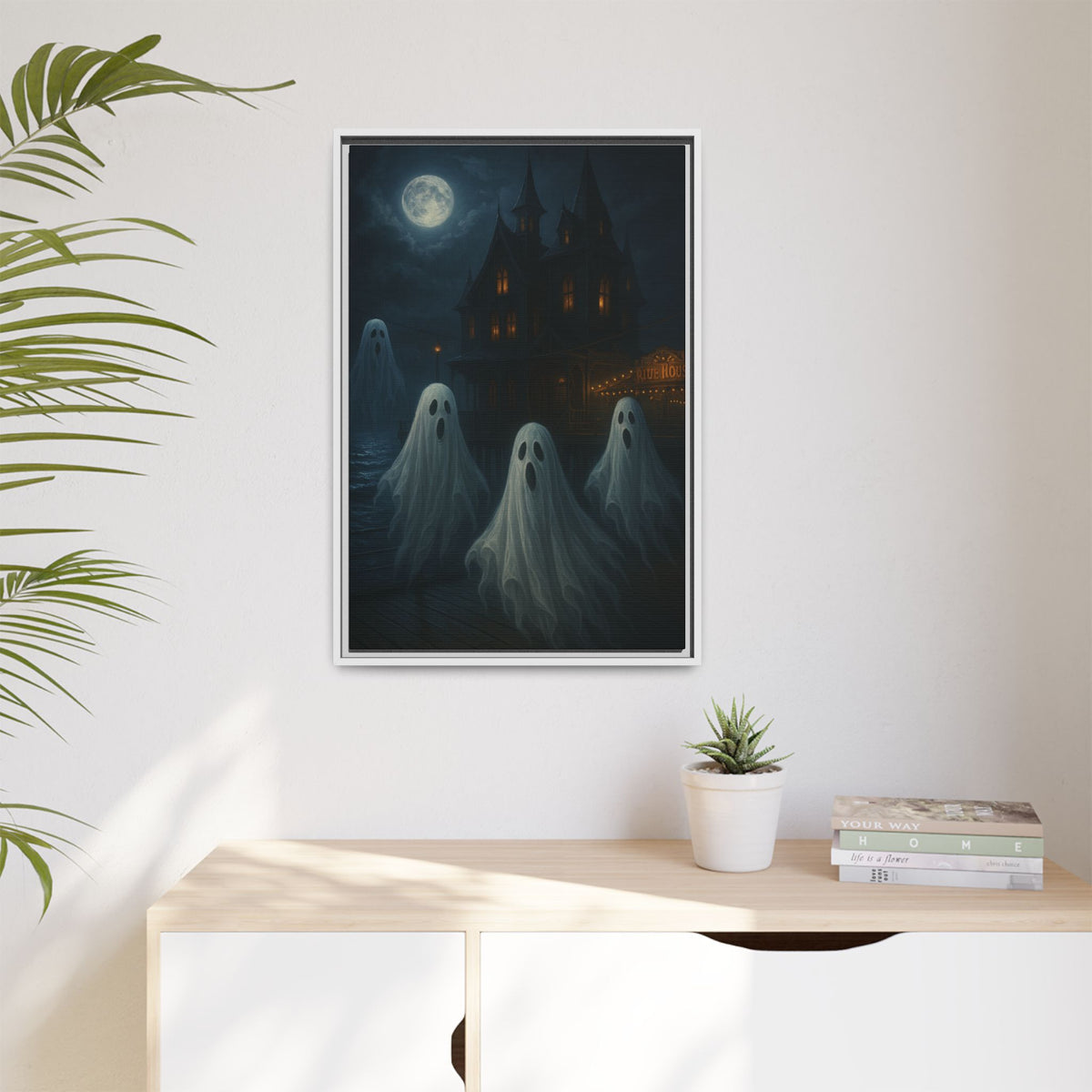 Haunted House Ghost Canvas Wall Art – Spooky Halloween Framed Art, Vintage Horror Decor, Gothic Night Scene Print