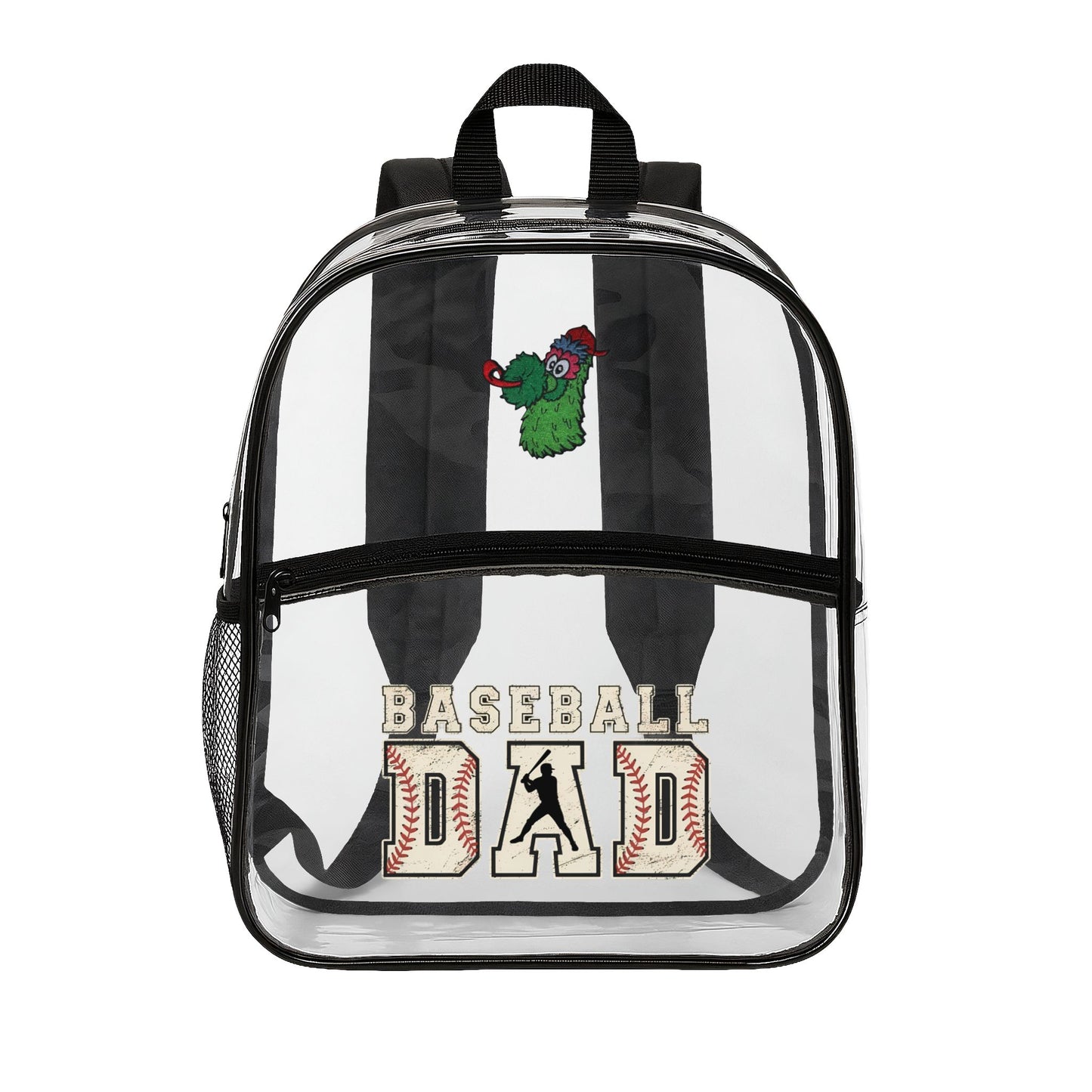 Clear backpack with 'Baseball Dad' text and graphics on a white background