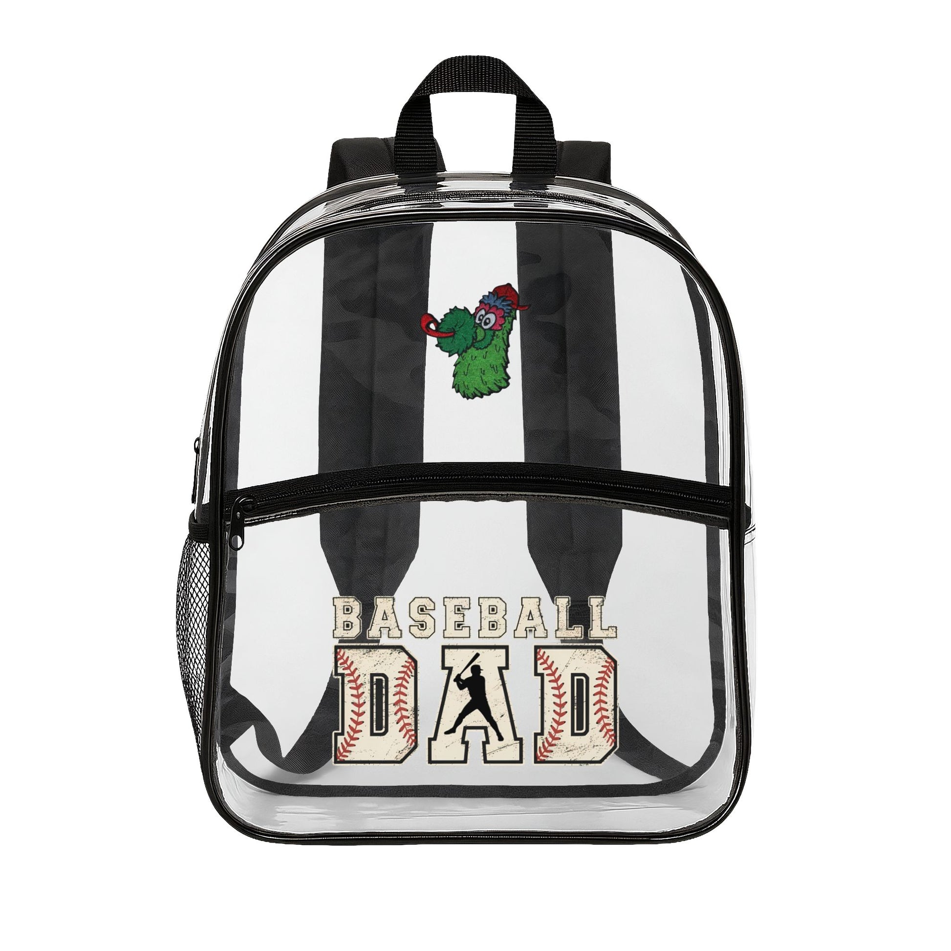 Clear backpack with 'Baseball Dad' text and graphics on a white background