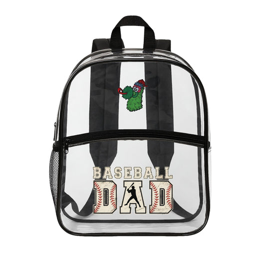 Clear backpack with 'Baseball Dad' text and graphics on a white background
