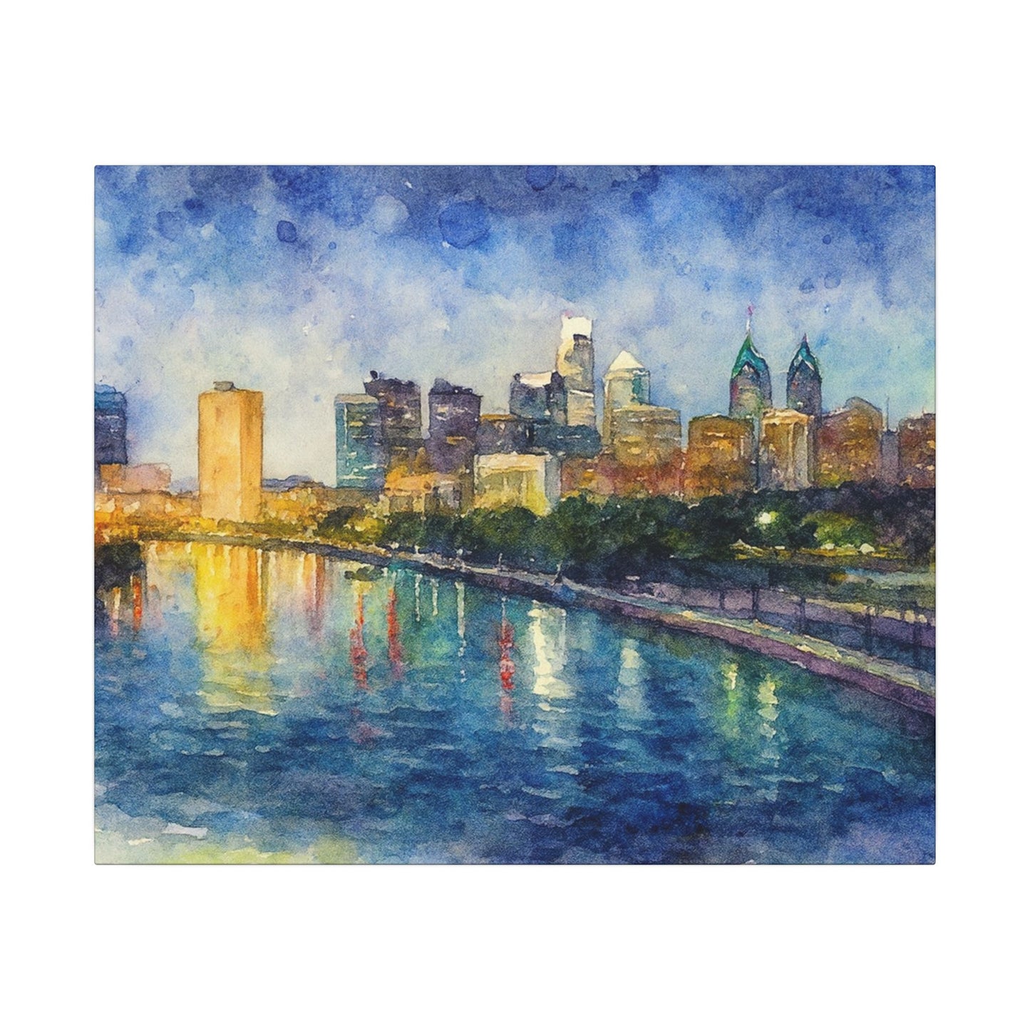 City skyline reflected in water with a colorful sky