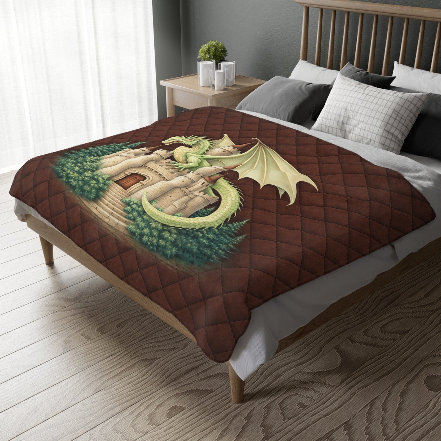 Bed with a dragon-themed comforter in a bedroom setting