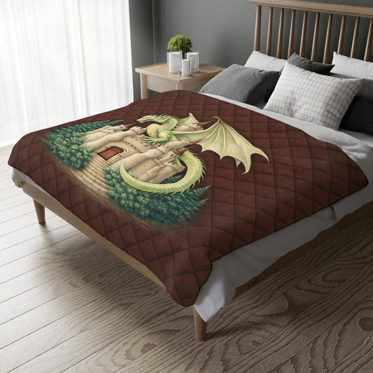 Bed with a dragon-themed comforter in a bedroom setting