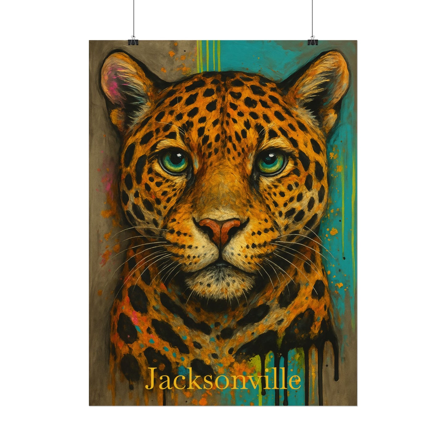 Artistic depiction of a leopard's face with 'Jacksonville' text on a colorful background