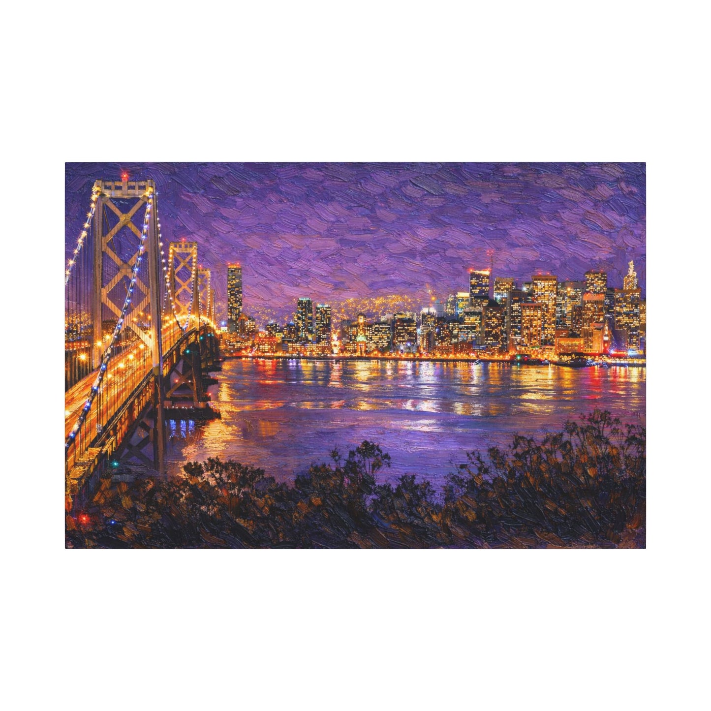 San Francisco Skyline Canvas Wall Art, Bay Bridge Night Painting, Impasto Style Artwork