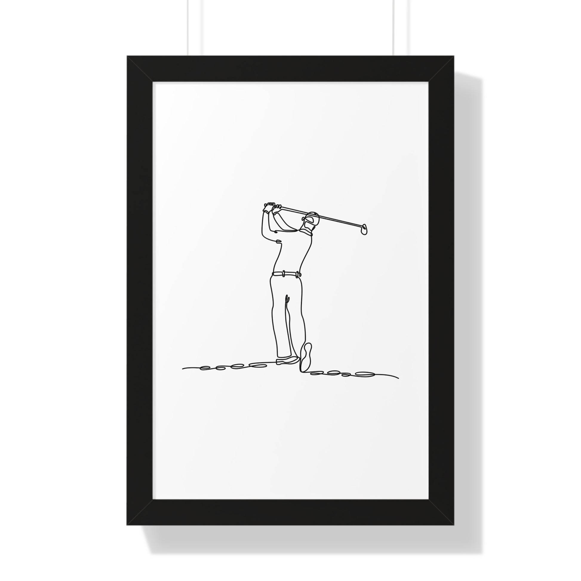 Framed line drawing of a golfer on a white background