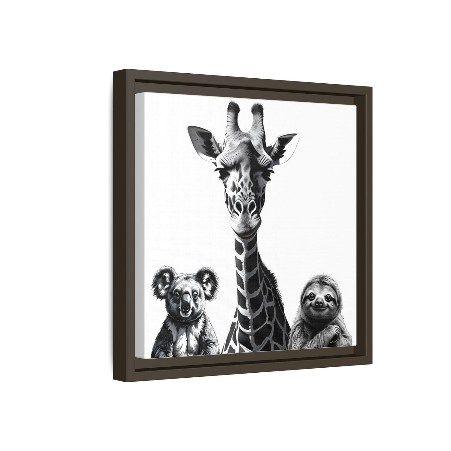 Framed artwork of a giraffe between a koala and a sloth on a white background