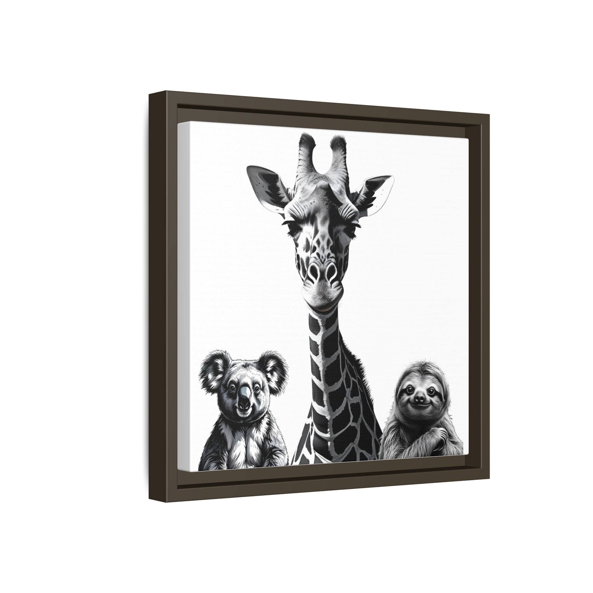 Framed artwork of a giraffe between a koala and a sloth on a white background