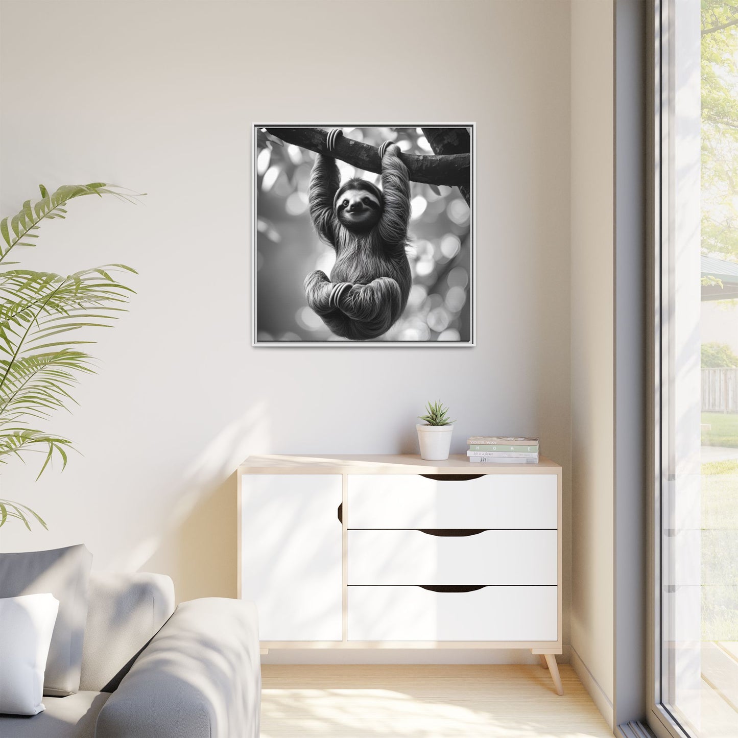 Black and White Sloth Framed Canvas Wall Art, Minimalist Animal Print, Modern Jungle Wildlife Home Decor, Sloth Lover Gift, Monochrome Image