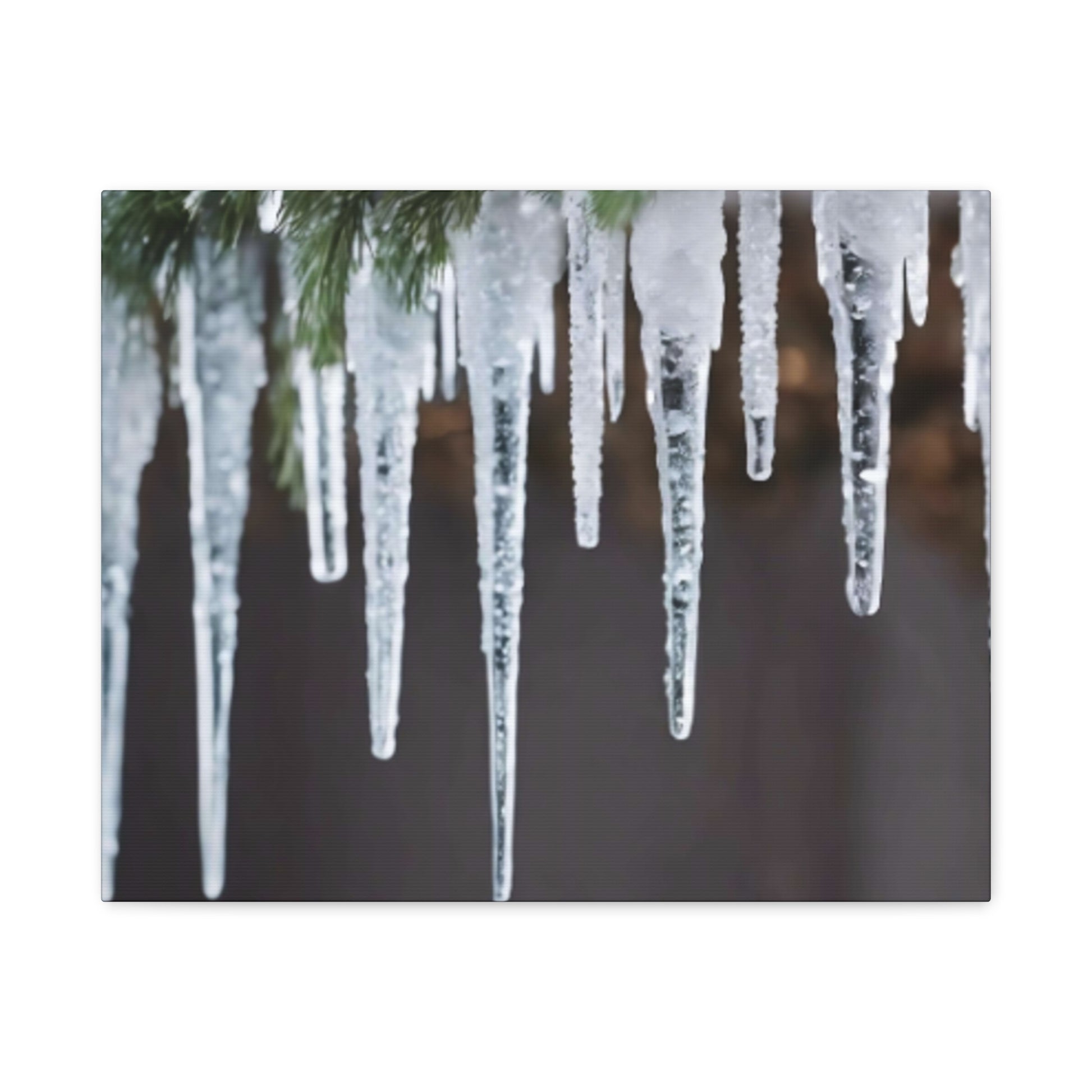 Icicles hanging from a branch against a dark background
