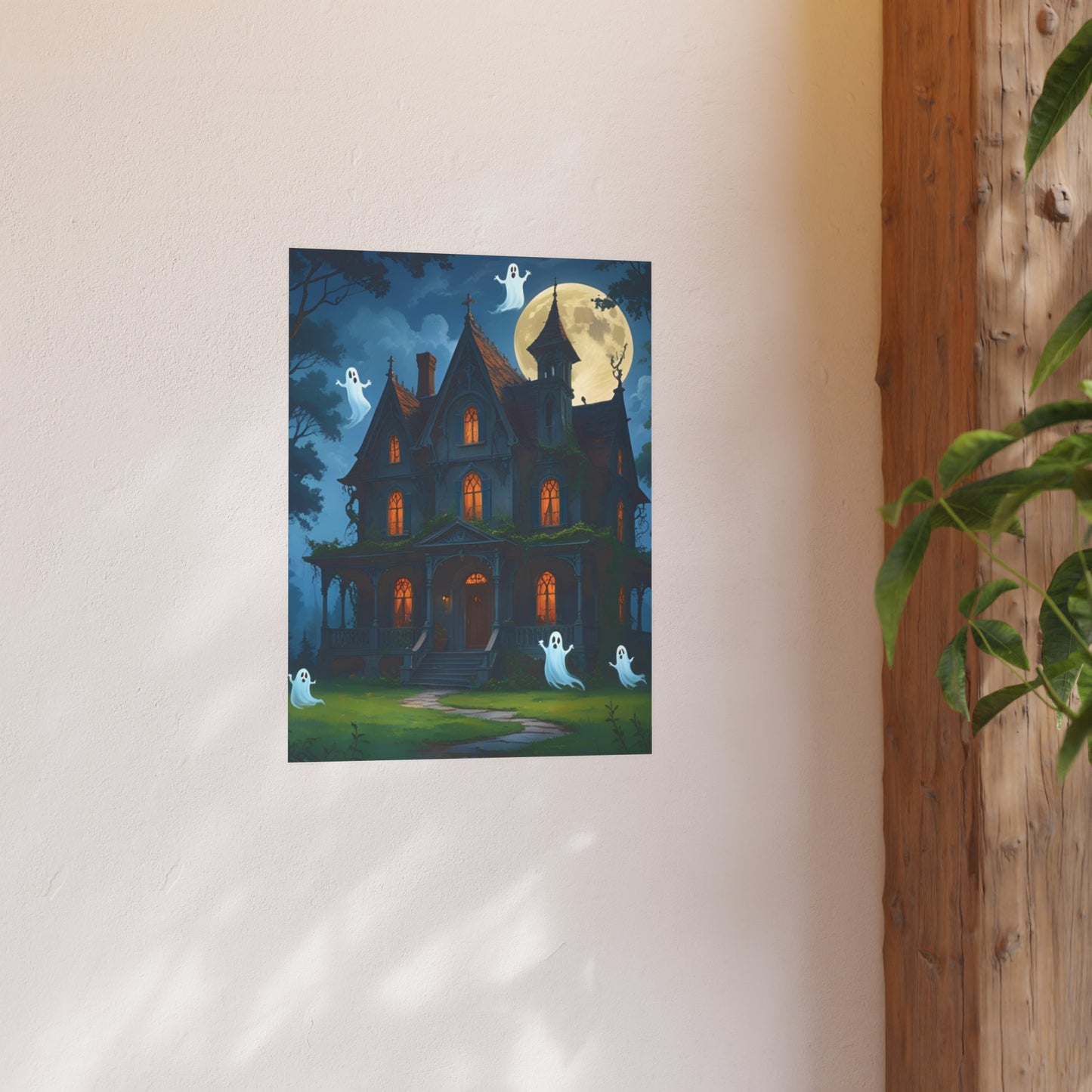 Haunted House Ghosts Poster — Friendly Ghosts Floating Around a Haunted House