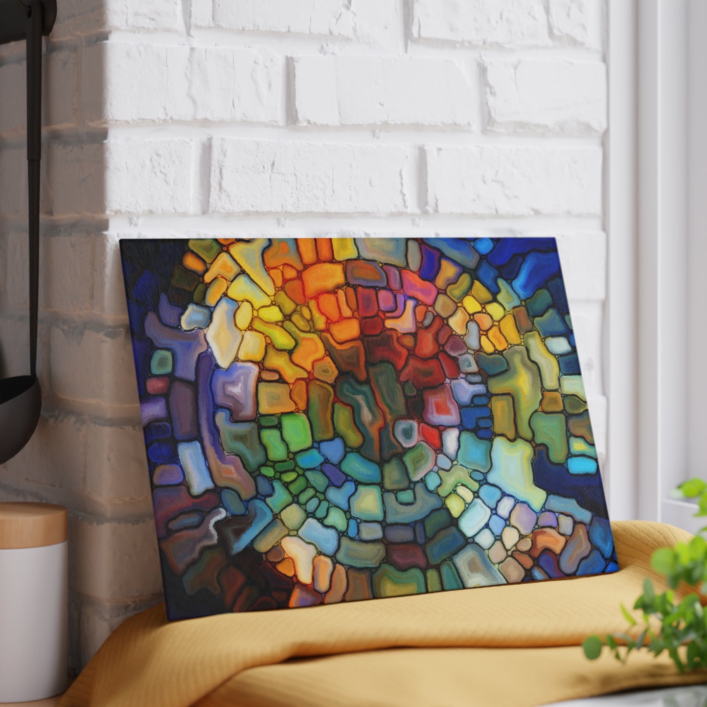 Stained Glass Mosaic Spiral Glass Cutting Board | Colorful Abstract Kitchen Decor