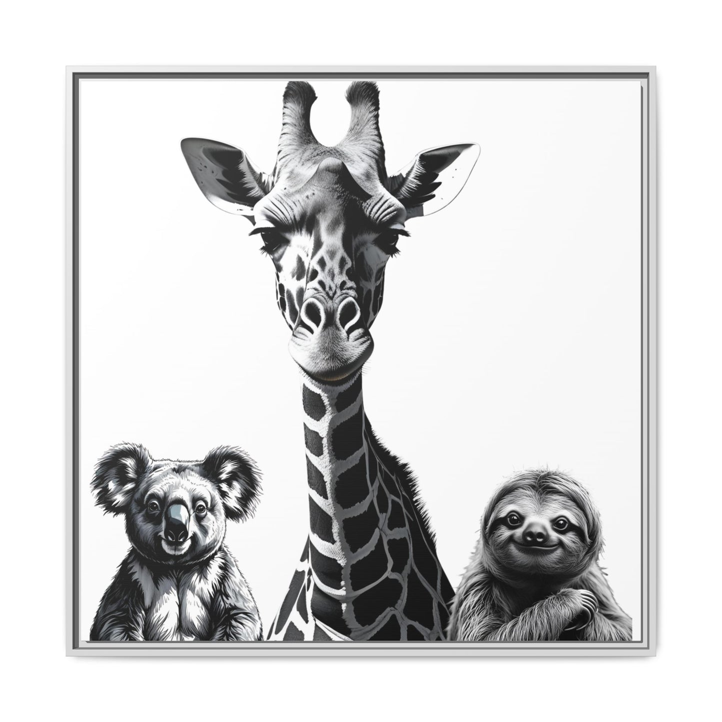 Framed artwork of a giraffe, koala, and sloth in black and white.
