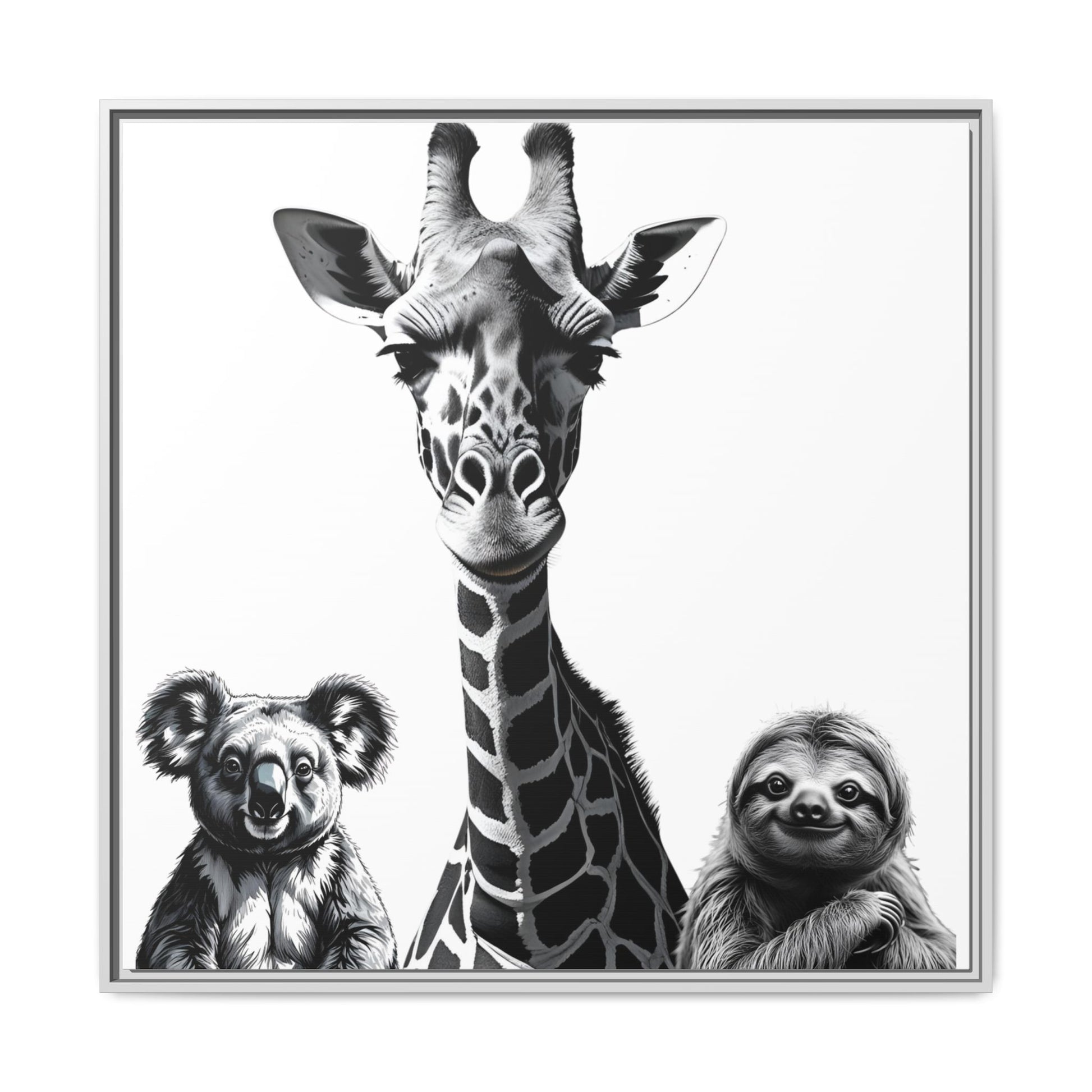 Framed artwork of a giraffe, koala, and sloth in black and white.