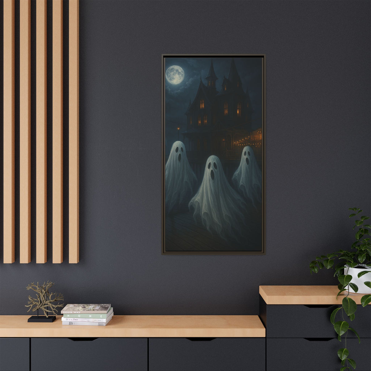 Haunted House Ghost Canvas Wall Art – Spooky Halloween Framed Art, Vintage Horror Decor, Gothic Night Scene Print