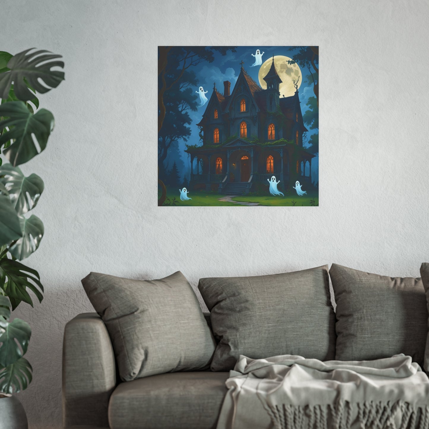 Haunted House Ghosts Poster — Friendly Ghosts Floating Around a Haunted House