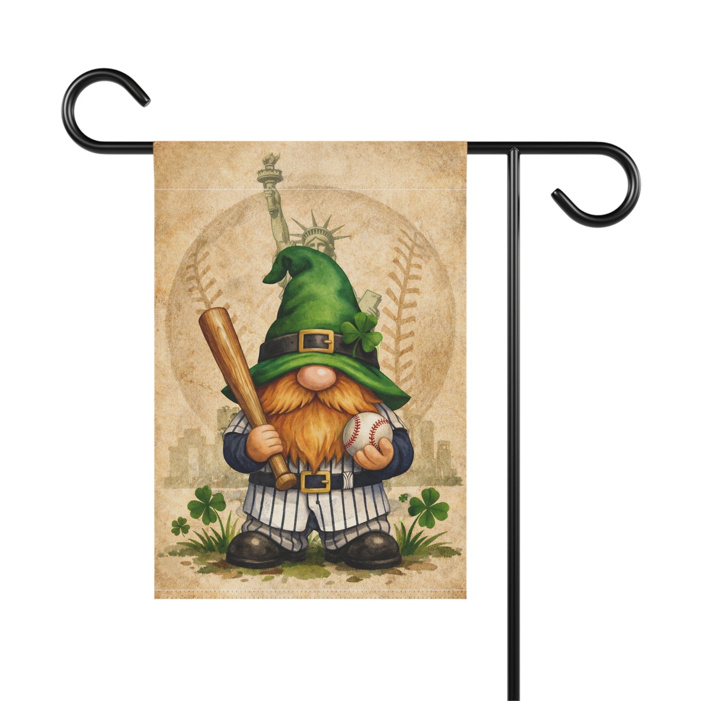 Garden flag with a gnome holding a baseball bat and ball, on a white background.