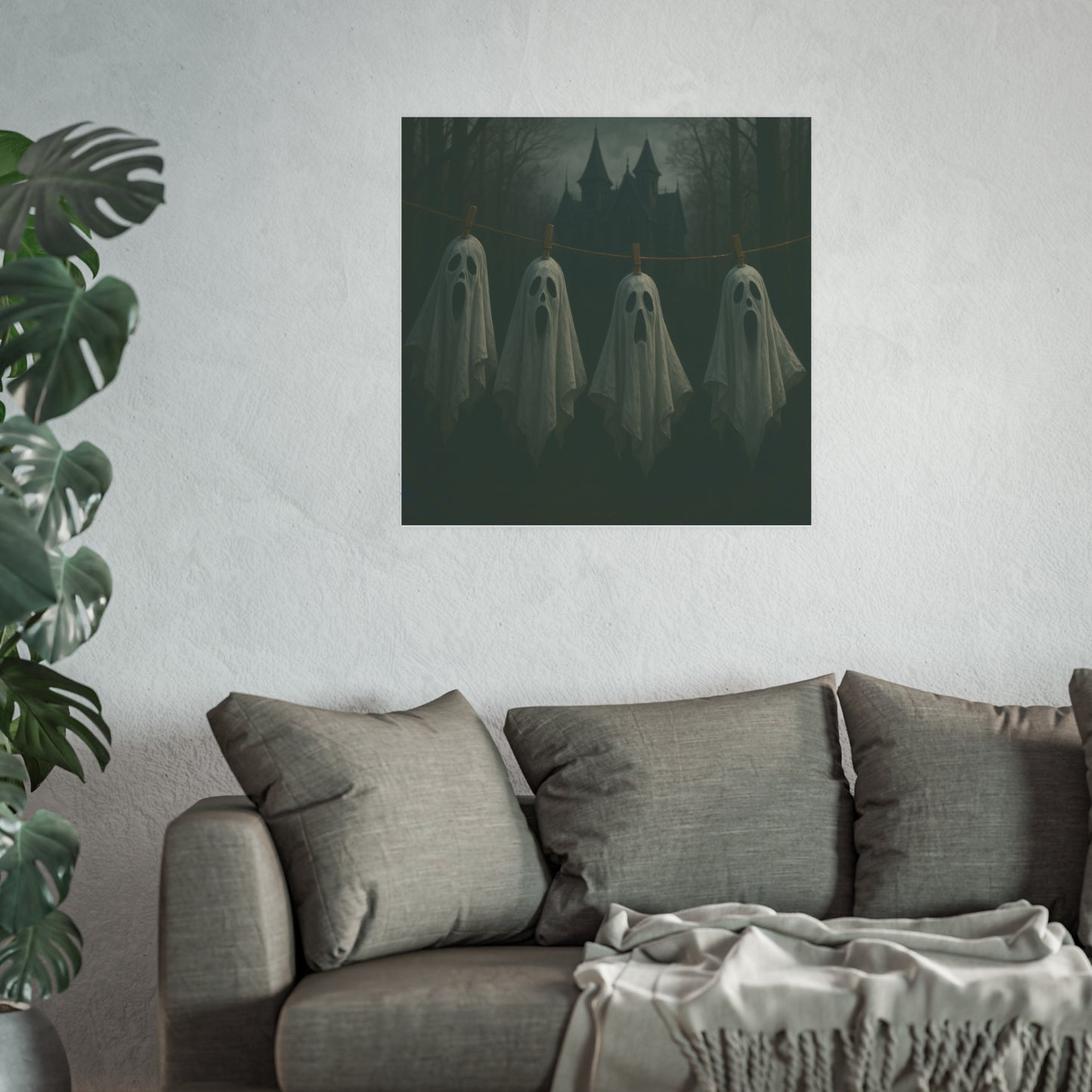 Halloween-themed ghost print on a wall above a sofa