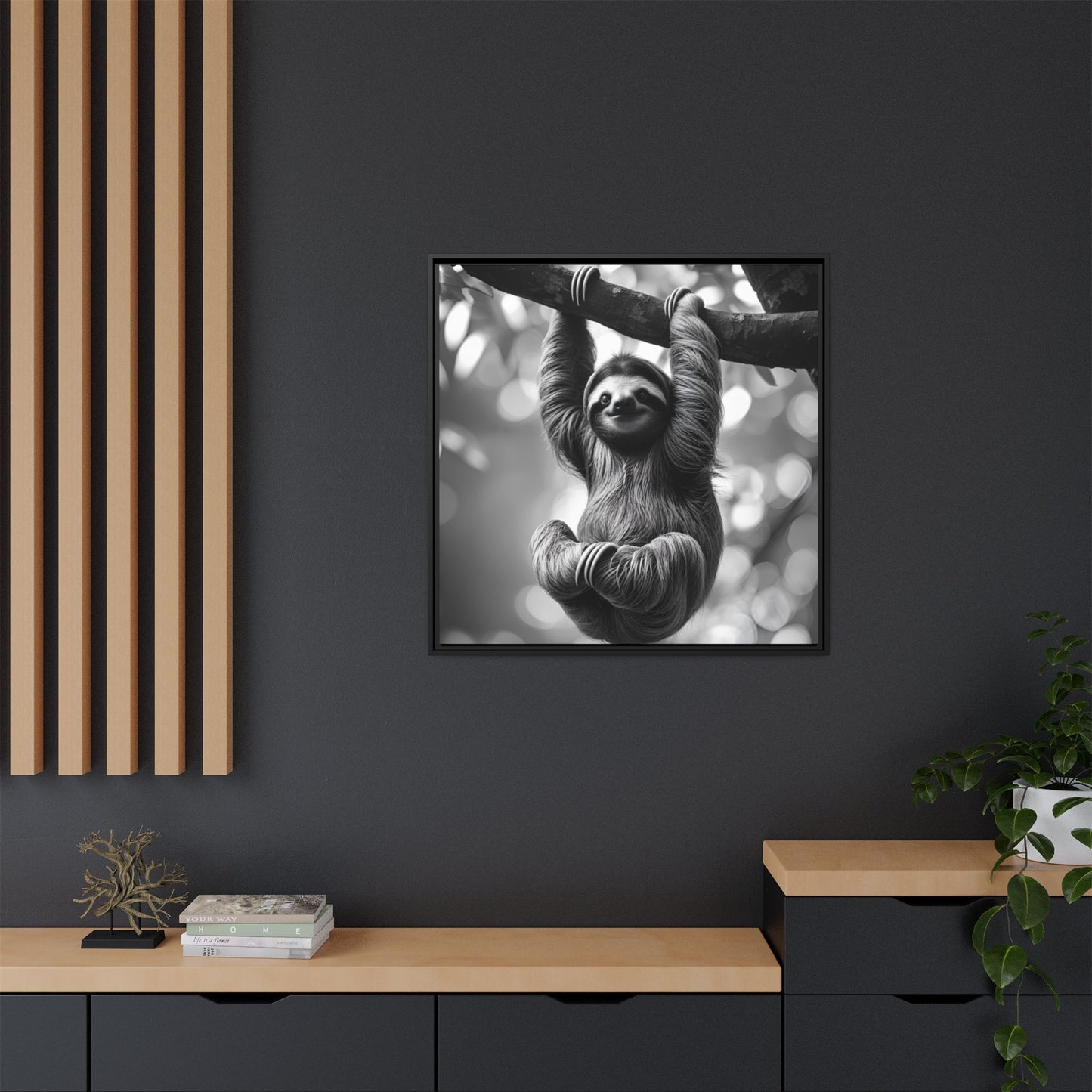 Black and White Sloth Framed Canvas Wall Art, Minimalist Animal Print, Modern Jungle Wildlife Home Decor, Sloth Lover Gift, Monochrome Image