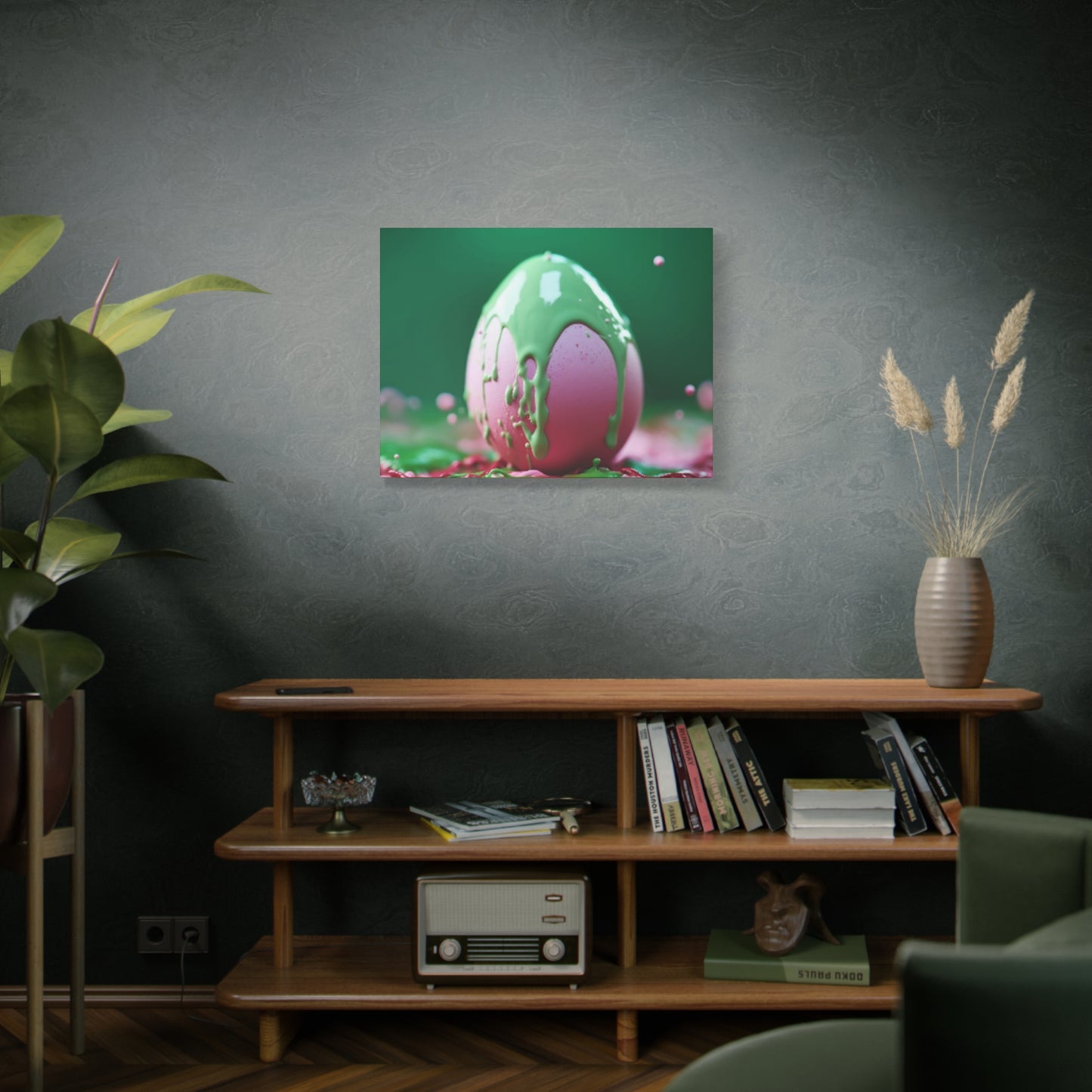 Canvas Wall or Mantle Art Pink Easter Egg with Green Paint Spring Home Decor