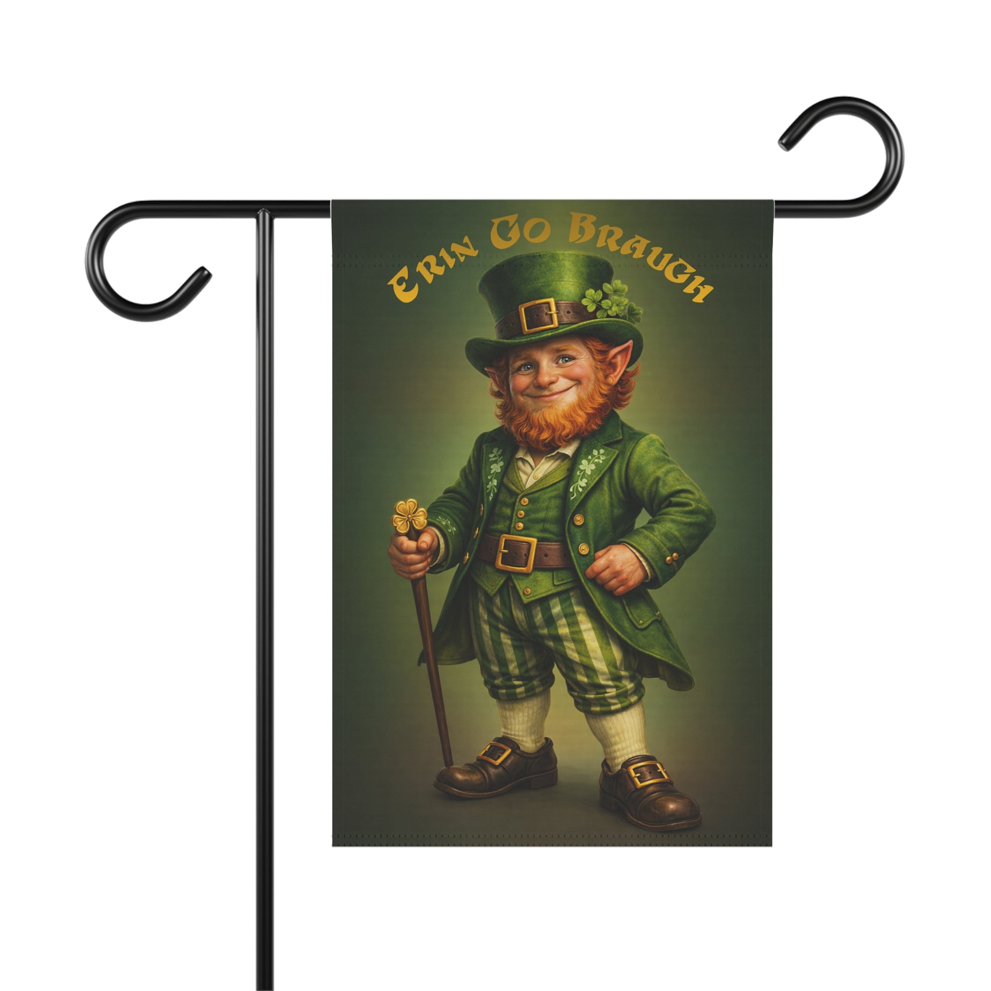 Garden flag with a leprechaun design and 'Trin Go Braugh' text on a white background.