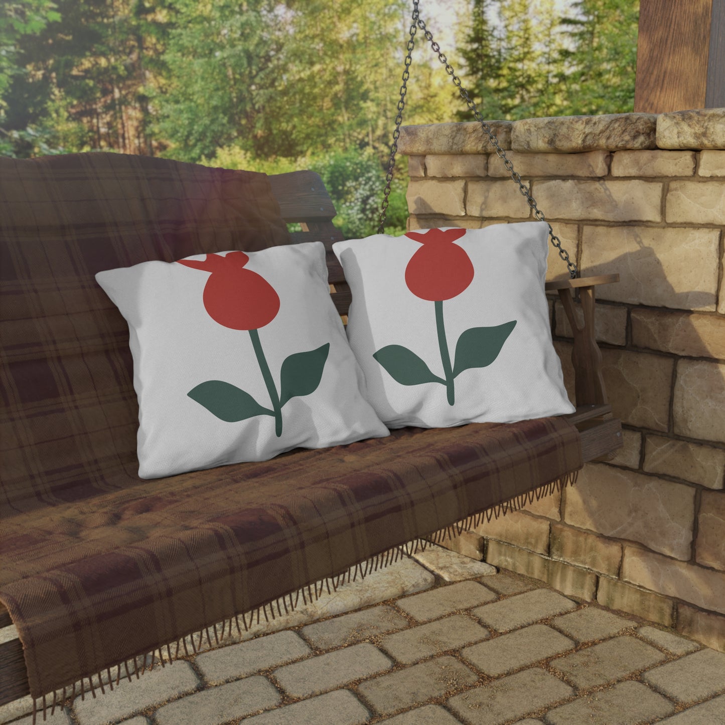 Red Flower Outdoor Throw Pillow | Botanical Garden Patio Cushion