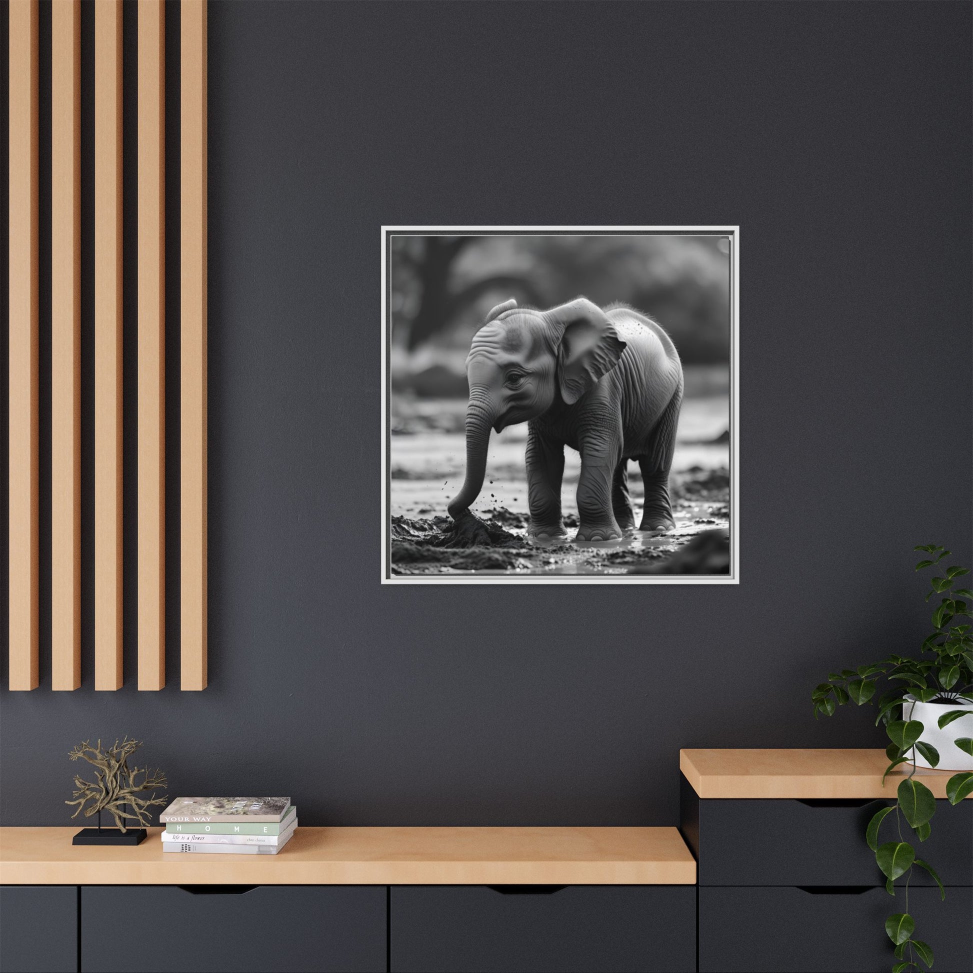 Framed black and white photo of an elephant on a dark wall with wooden shelves.
