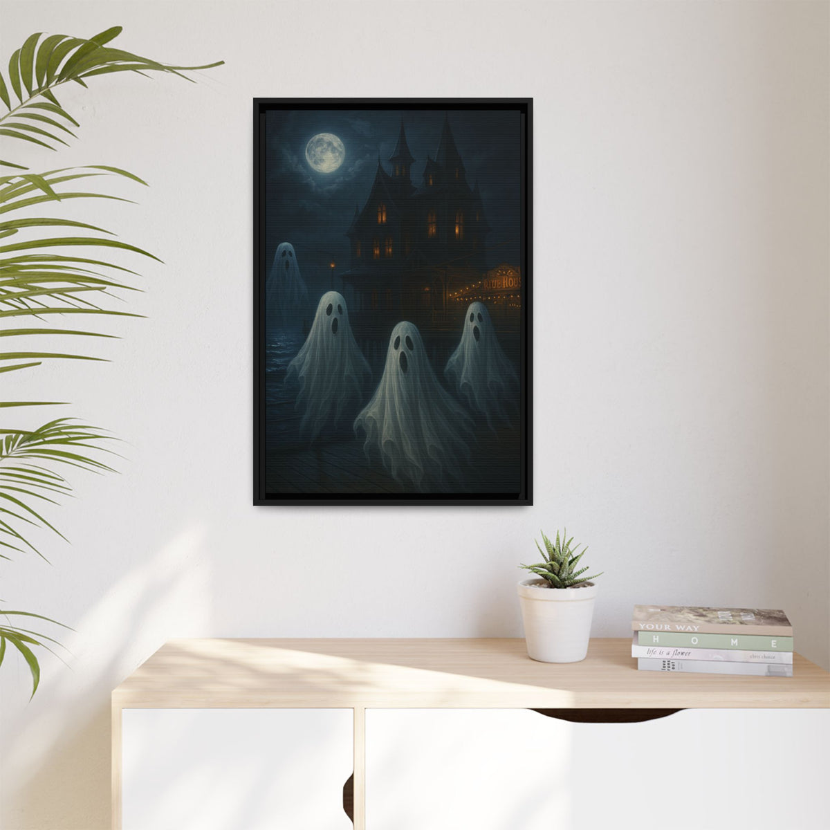 Haunted House Ghost Canvas Wall Art – Spooky Halloween Framed Art, Vintage Horror Decor, Gothic Night Scene Print